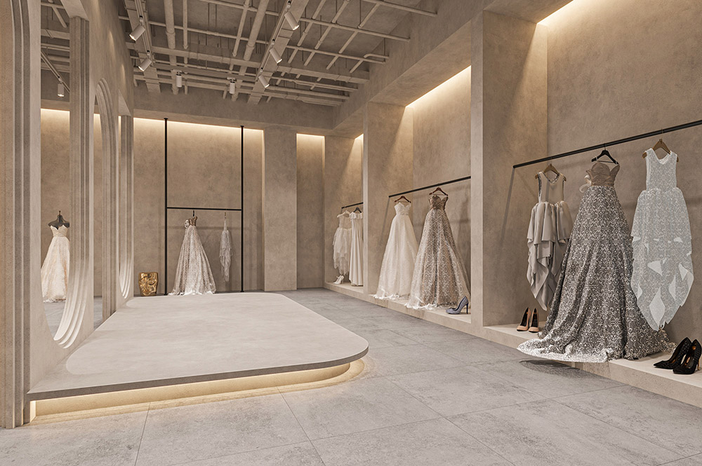 侘寂風(fēng)婚紗店試衣區和服裝展示區